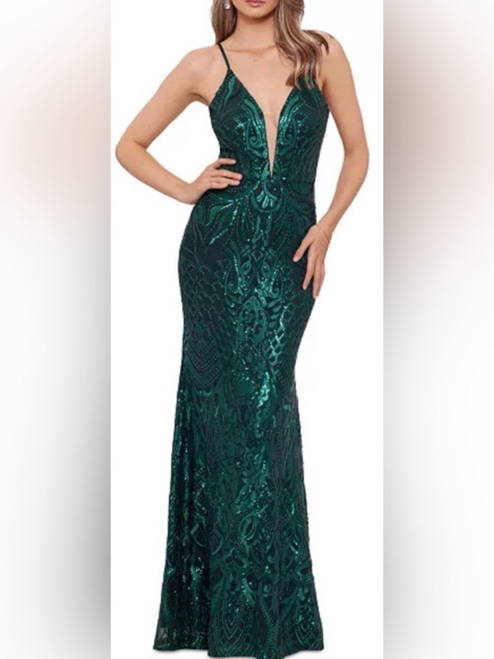 Betsy & Adam Emerald Green Sequin Formal Gown Size 10